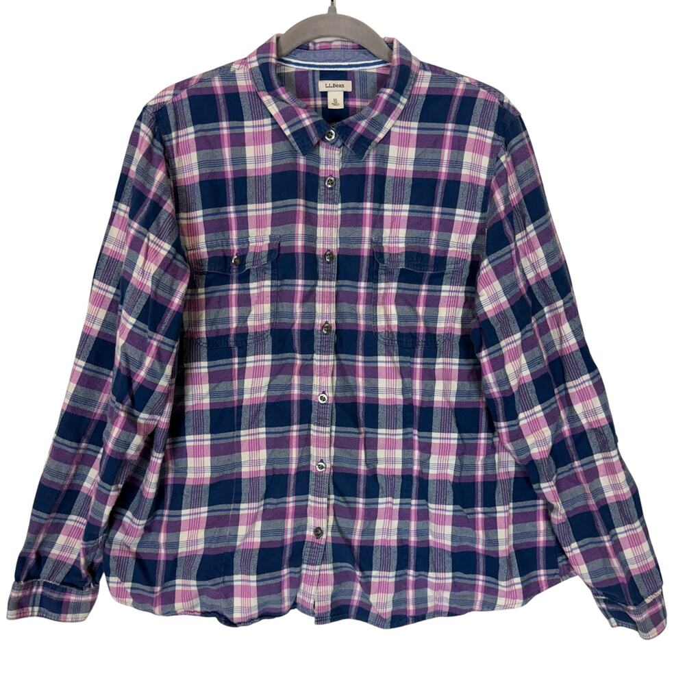 L.L. Bean Flannel Shirt Women XL Blue Pink Scotch Plaid Relaxed Casual Button-Up